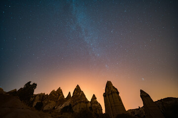 Cappadocia at night. Fairy chimneys under the stary night sky.