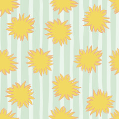 Cartoon seamless pattern with yellow sun silhouettes. Star ornament on blue striped background.