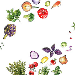 Artichoke, fennel, radish, rosemary, red onion. The composition of vegetables and herbs of Italian cuisine. Vegetables painted in watercolor on a white background. Colorful food count.