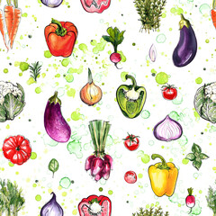 Pattern food vegetables painted with watercolor on a white background.  A colored sketch of vegetables. 