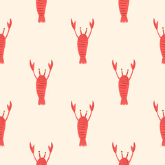 Contrast seamless marine pattern with red lobster silhouettes. Simple animal seafood print on light background.