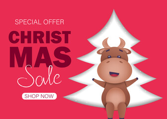 Christmas sale background. Merry Christmas sale card with bull vector Illustration