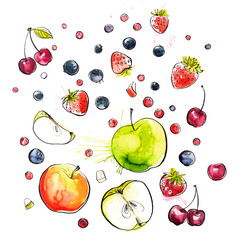 Apples painted with watercolors on white paper. Red apple, green apple, leaf, half an apple