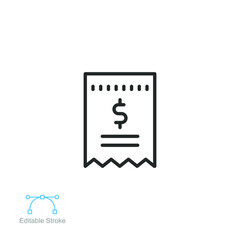 Cashier receipt icon. ATM machine receipt. paper shop receipt with Dollar symbol for slip or bill payment. Line style pictogram. Editable stroke. Vector illustration. Design on white background. EPS10