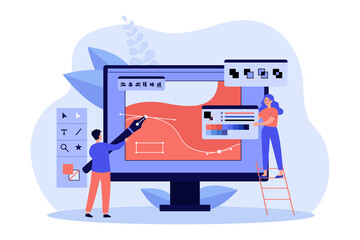 Tiny people drawing with pen in graphic editor isolated flat vector illustration. Cartoon creative guy and woman working together on giant computer display. Digital technology and design concept