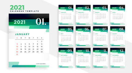 stylish green modern new year 2021 calendar design template