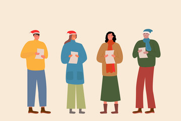 
Men women in festive winter clothes sing Christmas songs in cartoon style. Vector flat background. People in New Year's hats and warm jackets, hold sheets with text in their hands and sing. 