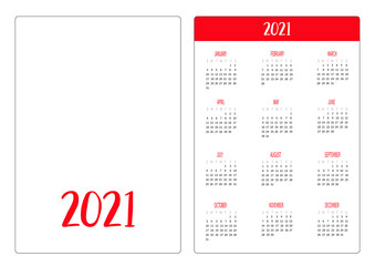 Simple pocket calendar layout 2021 new year template. Week starts Sunday. Vertical orientation. Flat design. White background. Isolated.