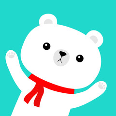 Polar white bear in red scarf. Merry Christmas. Hello winter. Cute cartoon kawaii baby character. Happy New Year. Arctic animal waving hand. Flat design. Blue background.