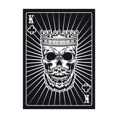 Playing card with aggressive skull. Black king. Club. Flat vector illustration for gambling, poker club, online game concept