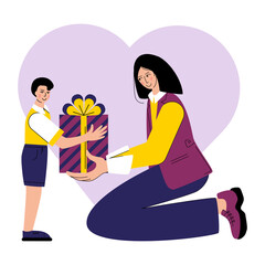 Mum gift her son a very beautiful and colorful present. Lovely family celebration. Blue and purple gift.