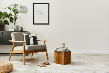 Modern retro concept of home interior with design grey armchair, coffee table, plants, mock up...
