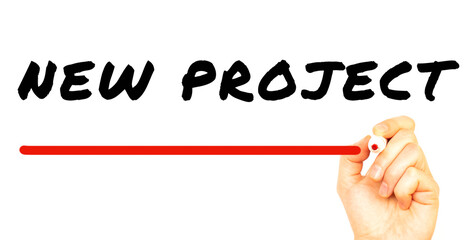 Hand writing NEW PROJECT with red marker. Isolated on white background.