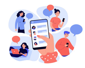 Female hand holding smartphone and sharing news flat vector illustration. Cartoon character using mobile phones and laptop chatting online. digital technology and information concept