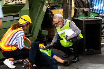 First Aid. Engineering supervisor talking on walkie talkie communication while his coworker lying...