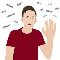 A portrait of a guy who raised his hand in greeting