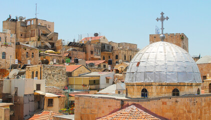 Fototapeta na wymiar Jerusalem panoramic roof view to christians places