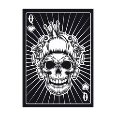 Playing card with aggressive skull of queen. Hearts. Flat vector illustration for gambling, poker club, online game concept