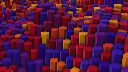 Fototapeta premium Abstract background of 3d hexagons similar to colored pencils. 3d rendering