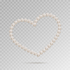Obraz premium Shiny oyster pearls for luxury accessories. Pearl necklace thread of pearls. Realistic white pearls isolated on background. Beautiful natural heart shaped jewelry. Chains of pearls forming an ornament