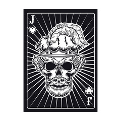 Playing card with angry jack skull. Hearts, feather. Flat vector illustration for gambling, poker club, online game concept