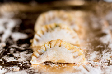 Close up. Home made filled pasta with vegetables. Flour on the floor and reflection
