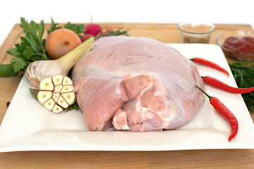 raw turkey meat, fillet for roasting on skewers. Barbecue preparation. ingredients