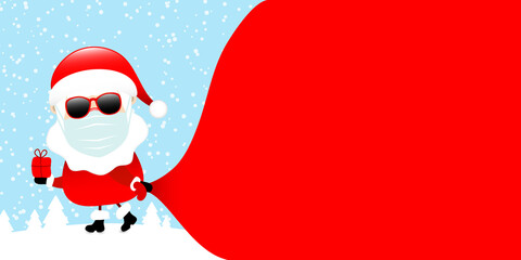 Weihnachtsmann Maske Mit Sonnenbrille Zieht Sack Vorwärts Wald Blau