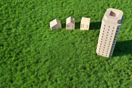 草原に置かれた木製住宅の3Dグラフィックス ハウジング・建築・不動産のコンセプトイメージ