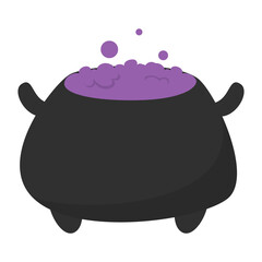 Halloween pot with violet potion vector isolated. Illustration of spooky october holiday element. Black cauldron full of poison, bubbles above the pot.