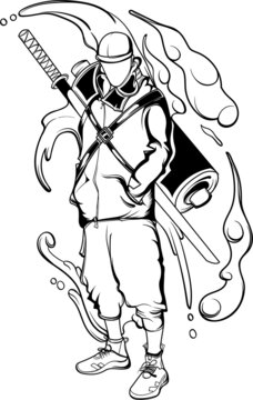 vector line art man of streetware with sword