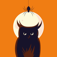 Halloween owl cartoon with spider in front of moon vector design