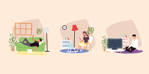 people in home working with laptop, indoor activities