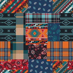 Bandana paisley native motifs and tartan plaid fabric patchwork abstract vector seamless pattern - obrazy, fototapety, plakaty