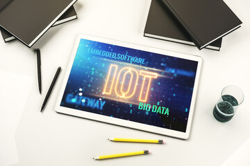 Creative IOT concept on modern digital tablet screen. Top view. 3D Rendering