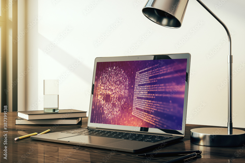 Leinwandbilder creative code skull hologram on modern computer monitor, cybercrime and hacking concept. 3d renderin