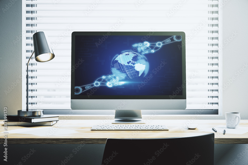 Poster creative abstract robotics technology hologram with globe on modern computer monitor, artificial int
