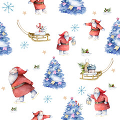 Cute seamless pattern with Santa Claus and spruce tree on white background for Merry Christmas and Happy New Year decor. Hand drawn watercolor illustration