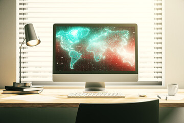 Modern computer monitor with abstract digital world map, research and strategy concept. 3D Rendering