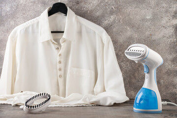 Portable home and travel garment steamer for clothes. Housework - obrazy, fototapety, plakaty