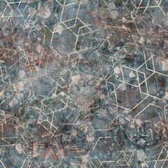 Chic formal grungy geometric shapes texture seamless pattern. High quality illustration. Strange abstract geo design in a trendy posh exotic style. Grainy fabric texture overlay.