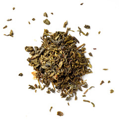 Heap of Jasmine green tea isolated on white; from above