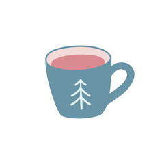 Cute mug with a pattern and a hot drink in a modern, fashionable style, isolated on a white background. A Cup of hot chocolate, the concept of comfort, the winter season. Vector hand-drawn