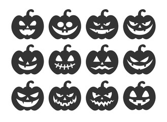 Set of Halloween pumpkins isolated on white background.  Creepy pumpkins silhouette. Halloween concept. Vector stock