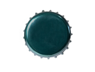 the top side of a green metal bottle cap. Isolated on white background.