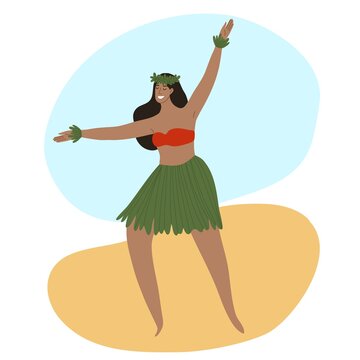 Happy hawaiian girl dancing hula on the beach