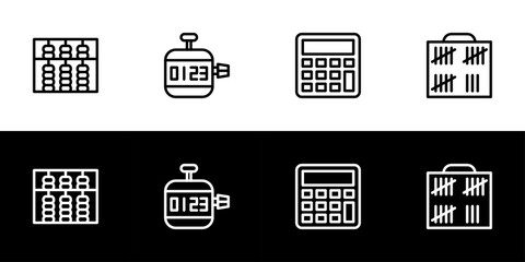 Calculate or counting tool icon set. Flat design icon collection isolated on black and white background. Abacus, clicker counter, calculator, and tally counter.