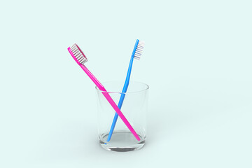 Illustration 3D de deux brosses à dent dans un verre d'eau. Concept de la vie à deux, deux vivre sous le même toit, de l'hygiène, de l'amour, du couple