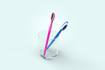 Illustration 3D de deux brosses à dent dans un verre d'eau. Concept de la vie à deux, deux vivre sous le même toit, de l'hygiène, de l'amour, du couple