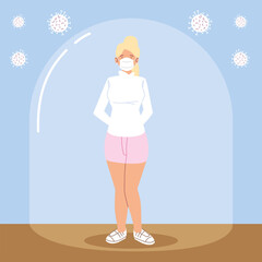 social distancing, blonde woman with mask prevention during coronavirus covid 19